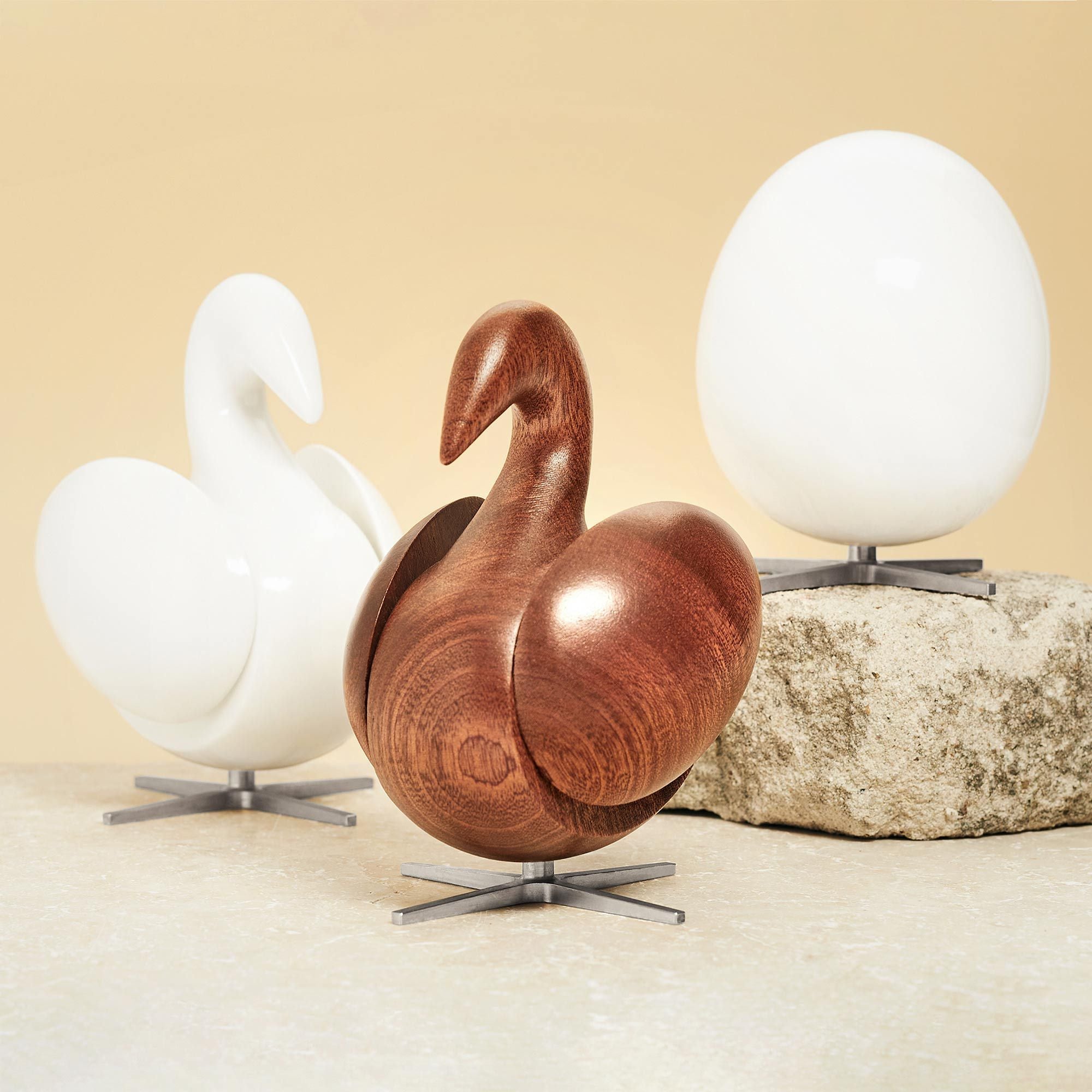 Brainchild Of The Swan Wooden Figure Mahogany White, Steel Base