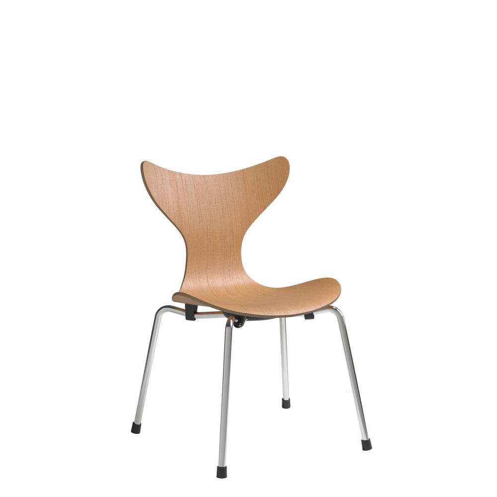 Fritz Hansen 3108 Lily-Stuhl für Kinder, klar lackiertes Furnier/Oregon-Kiefer