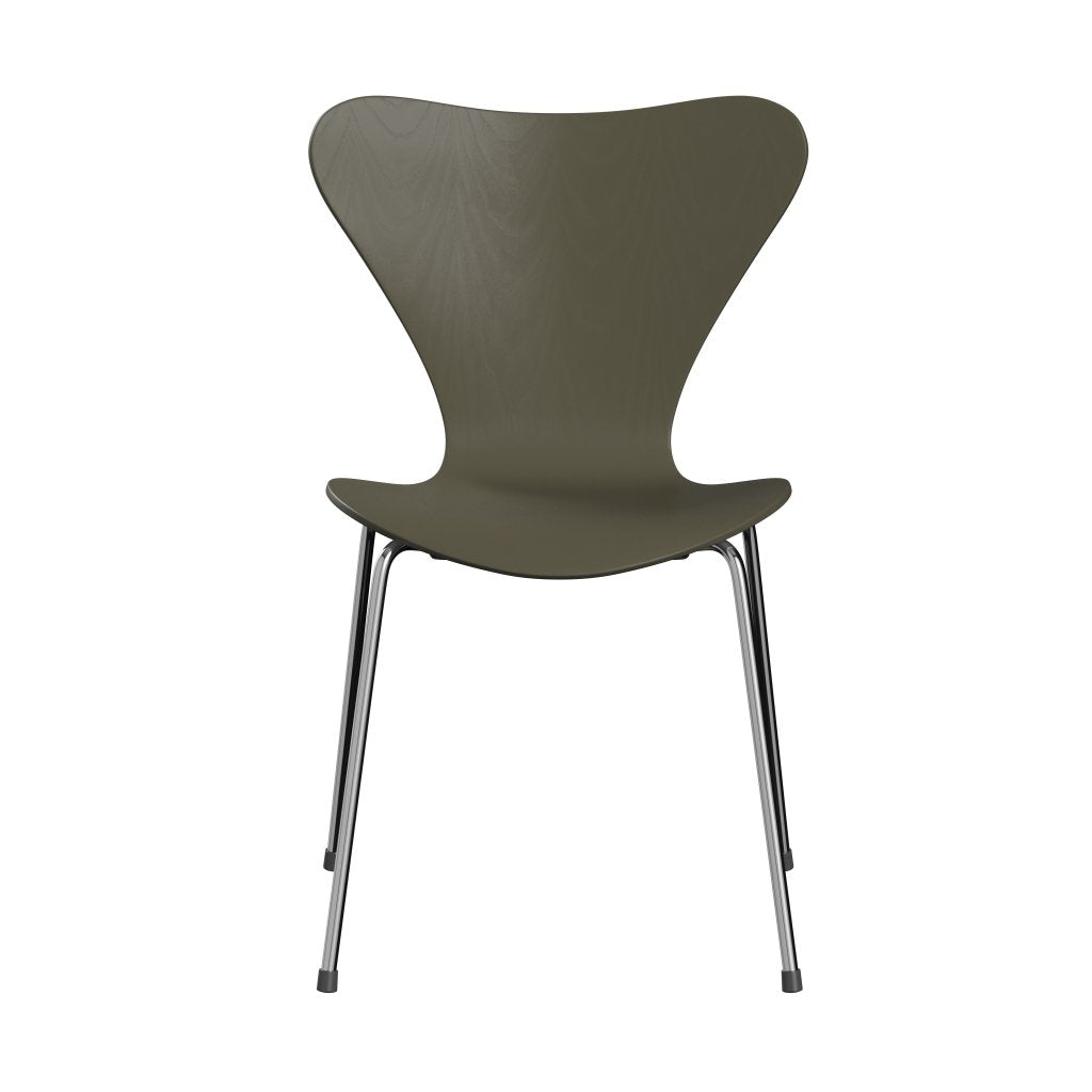 Fritz Hansen 3107 Stol UnupHolstered, Chrome/Dyed Ash Olive Green