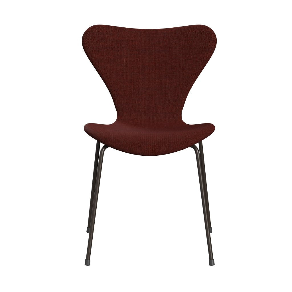 Fritz Hansen 3107 Stuhl Vollpolsterung, Braun Bronze/Leinwand Dunkelrot