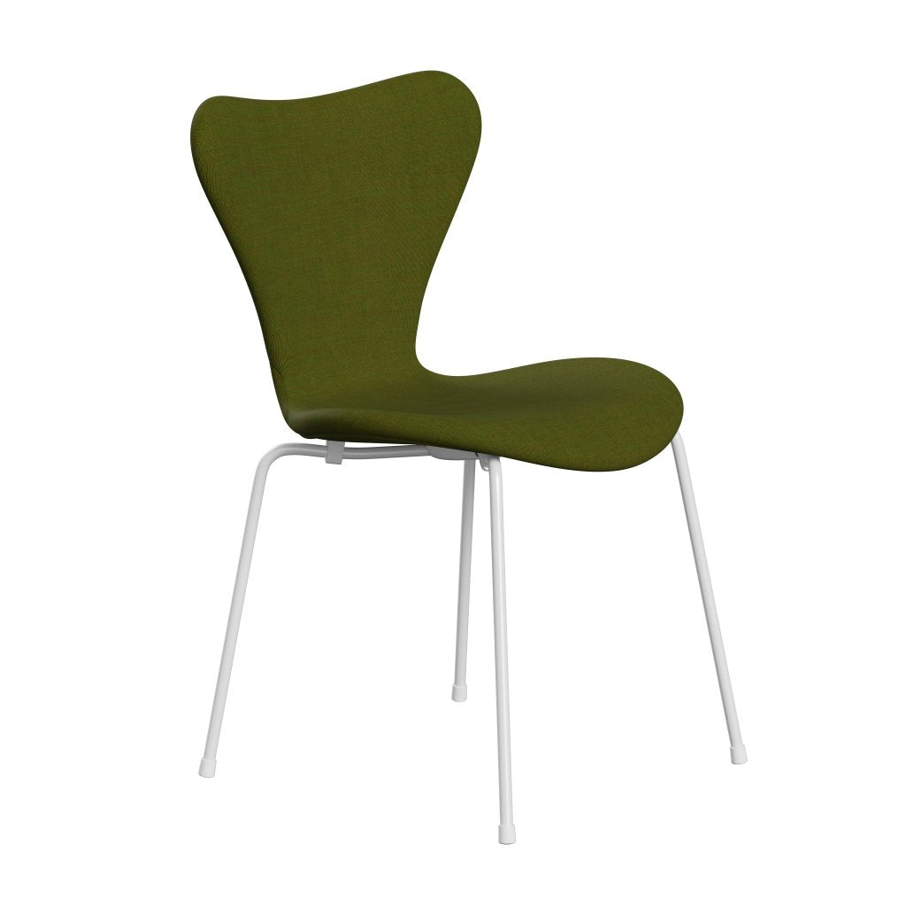 Fritz Hansen 3107 chaise complète complète, blanc / toile verte de l'herbe claire