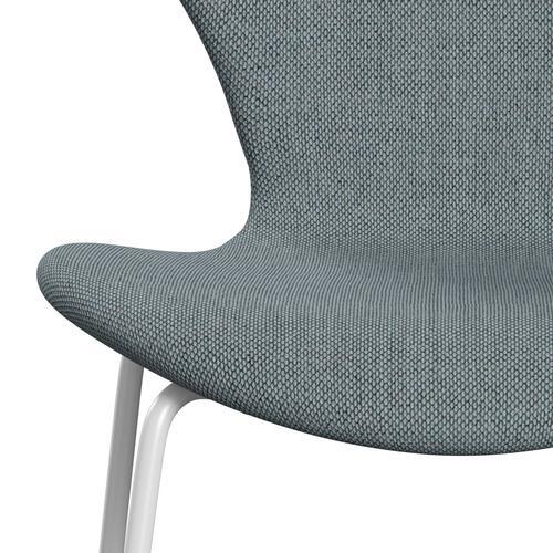 Fritz Hansen 3107 Silla tapicería completa, blanca/re lana azul claro/natural