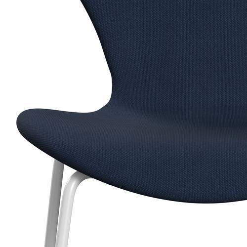 Fritz Hansen 3107 Stuhl Vollpolsterung, Weiß/Stahlschnitt Königsblau