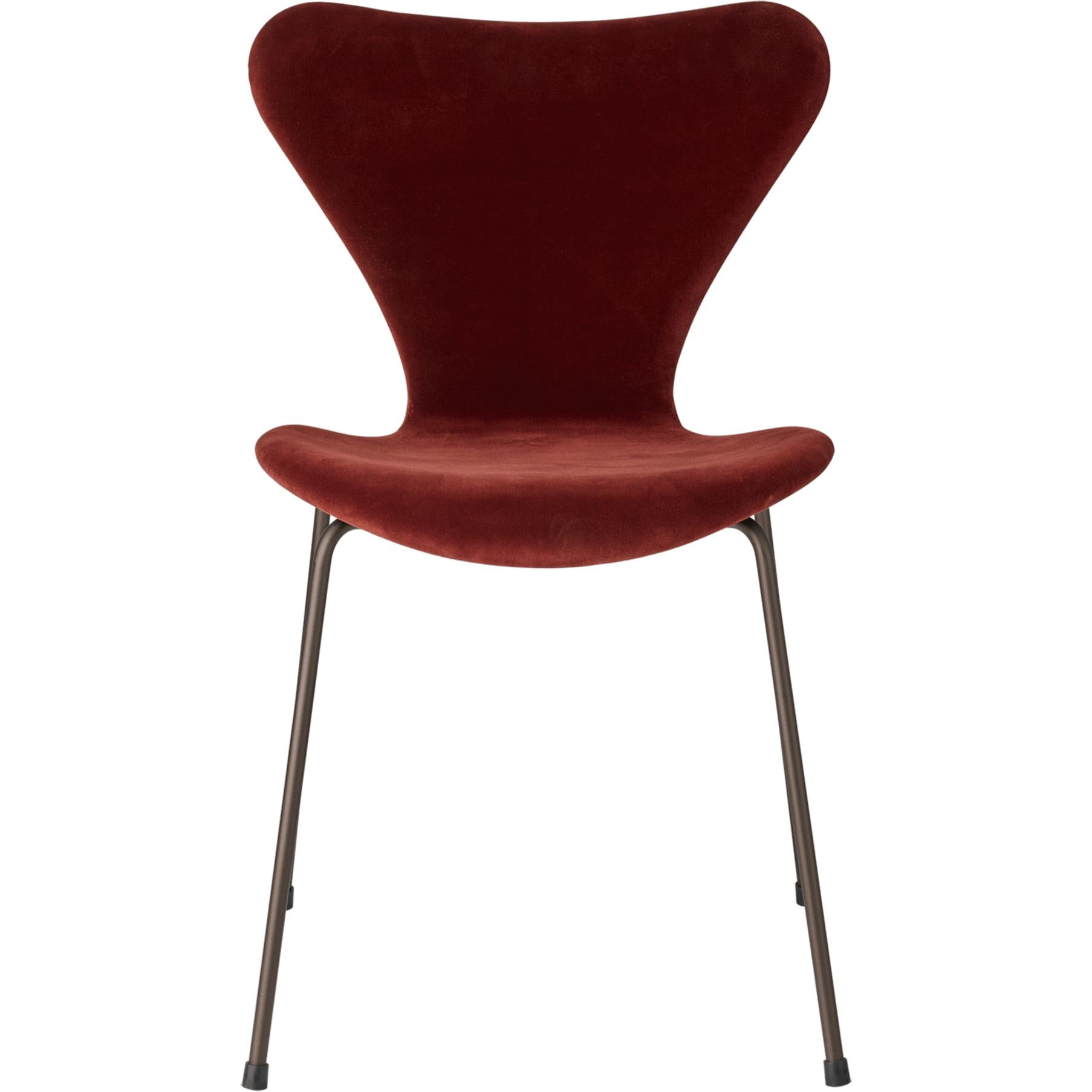 Fritz Hansen 3107 Chair Full Upholstery, Brown Bronze/Belfast Velvet Autumn Red