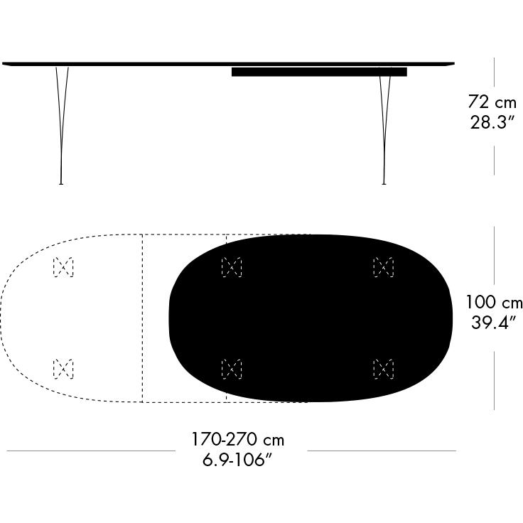 Fritz Hansen Superellipse uitbreidende tafel grijs poeder gecoate/zwarte Fenix ​​-laminaten, 270x100 cm