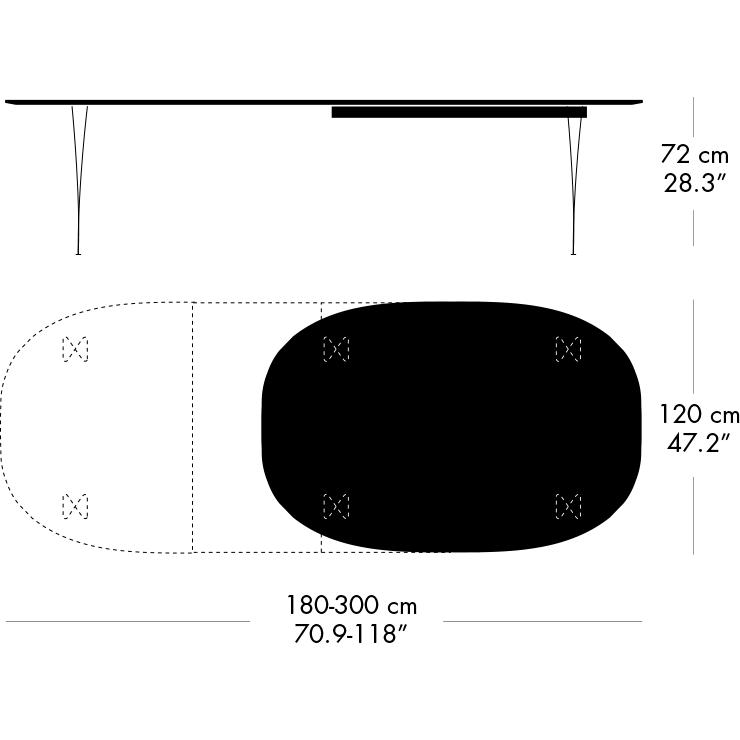 Fritz Hansen Superellipse uitbreidende tafel grijs poeder gecoate/zwarte Fenix ​​-laminaten, 300x120 cm