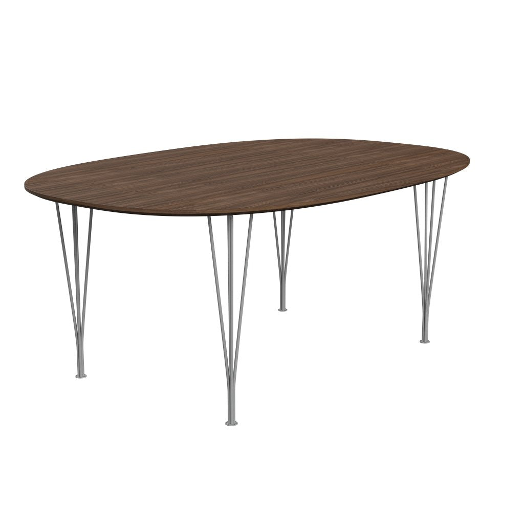Fritz Hansen Superellipse Mesa de comedor Polvo gris recubierto/chapa de nuez con borde de mesa de nogal, 180x120 cm