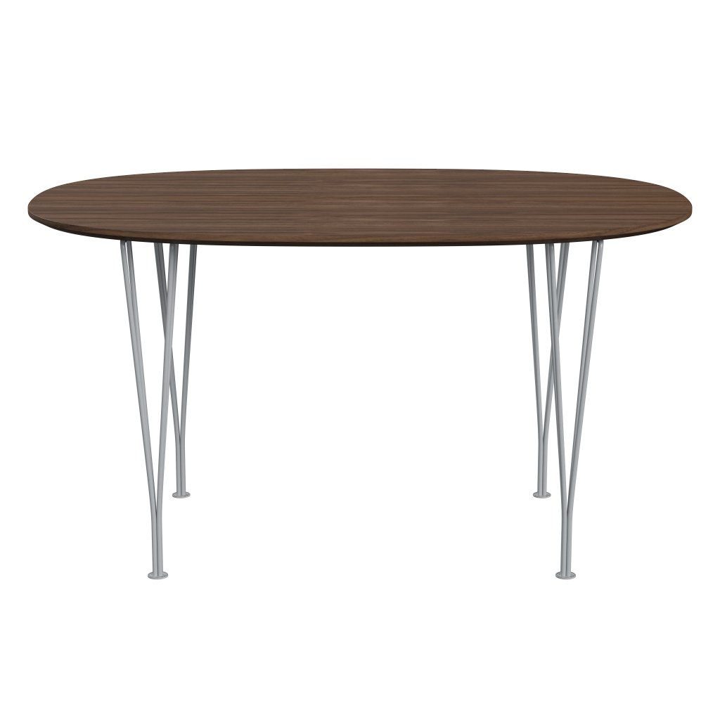 Fritz Hansen Superellipse -ruokapöytä hopeaharmaa/pähkinäviilu pähkinäpöydän reunalla, 135x90 cm