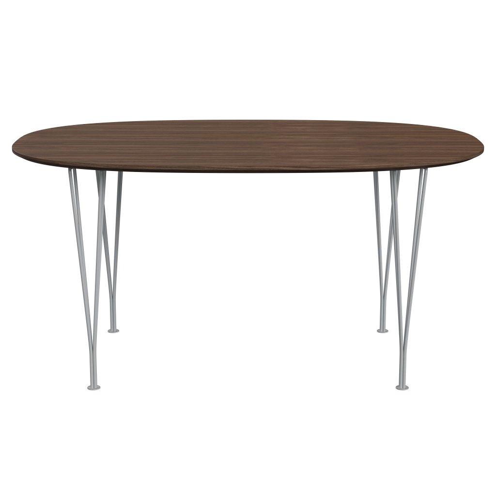 Fritz Hansen Superellipse -ruokapöytä hopeaharmaa/pähkinäviilu pähkinäpöydän reunalla, 150x100 cm