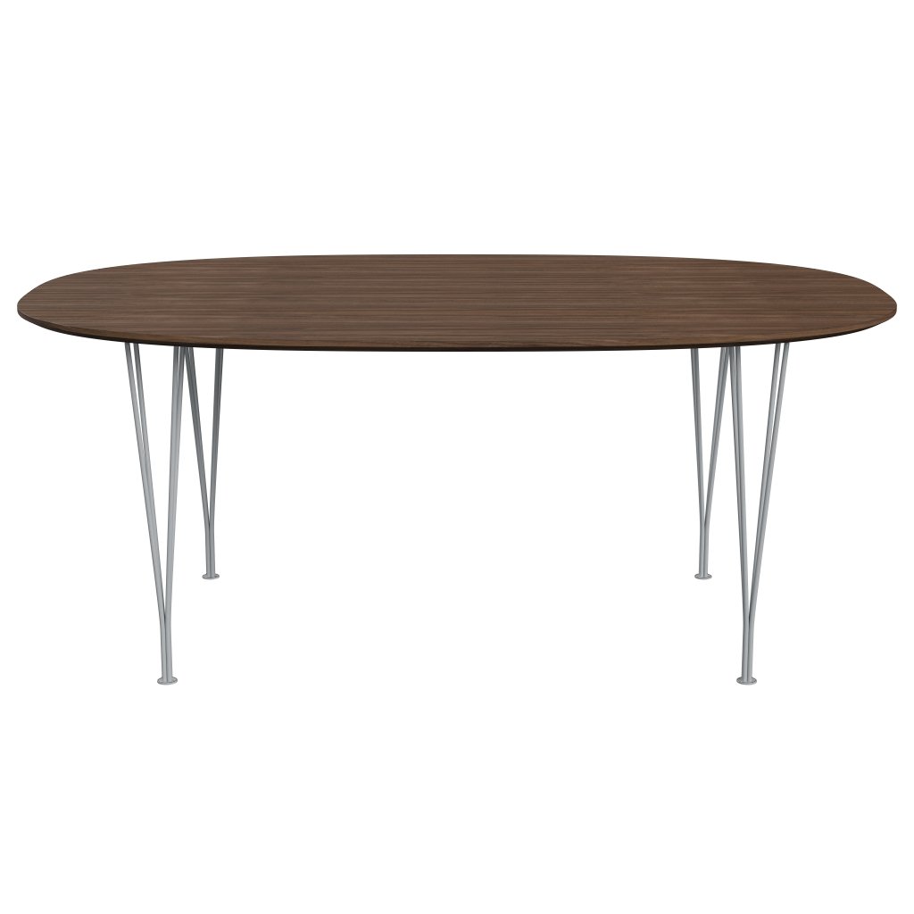 Fritz Hansen Superellipse -ruokapöytä hopeaharmaa/pähkinäviilu pähkinäpöydän reunalla, 180x120 cm