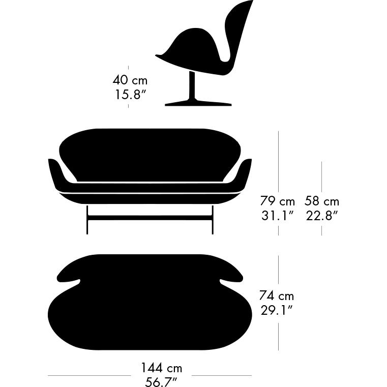 Fritz Hansen Swan divano 2 posti, alluminio spazzolato in raso/tonus arancione/rosso