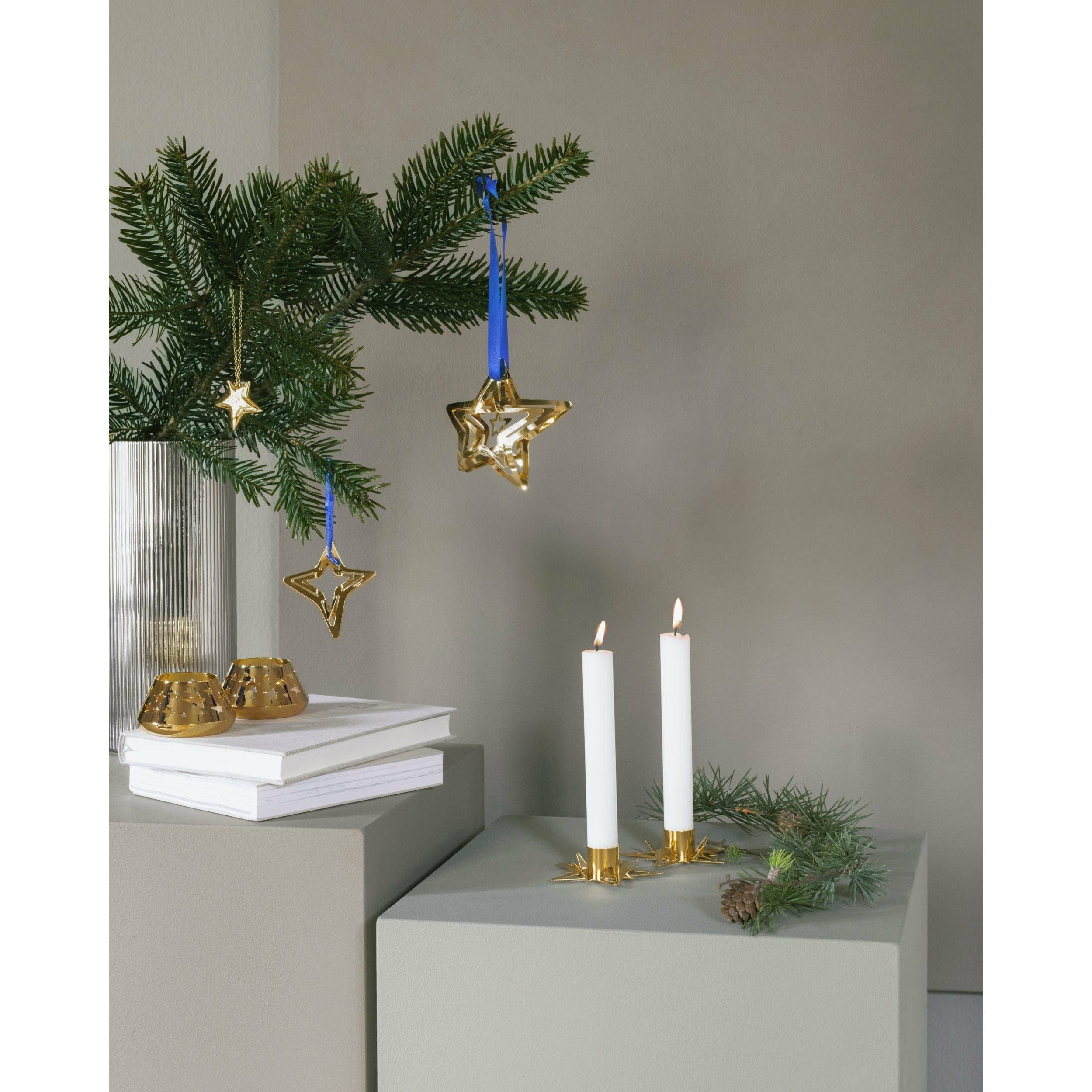 Georg Jensen Klassisk julstjärnljushållare för stångljus, uppsättning av 2, guldpläterade
