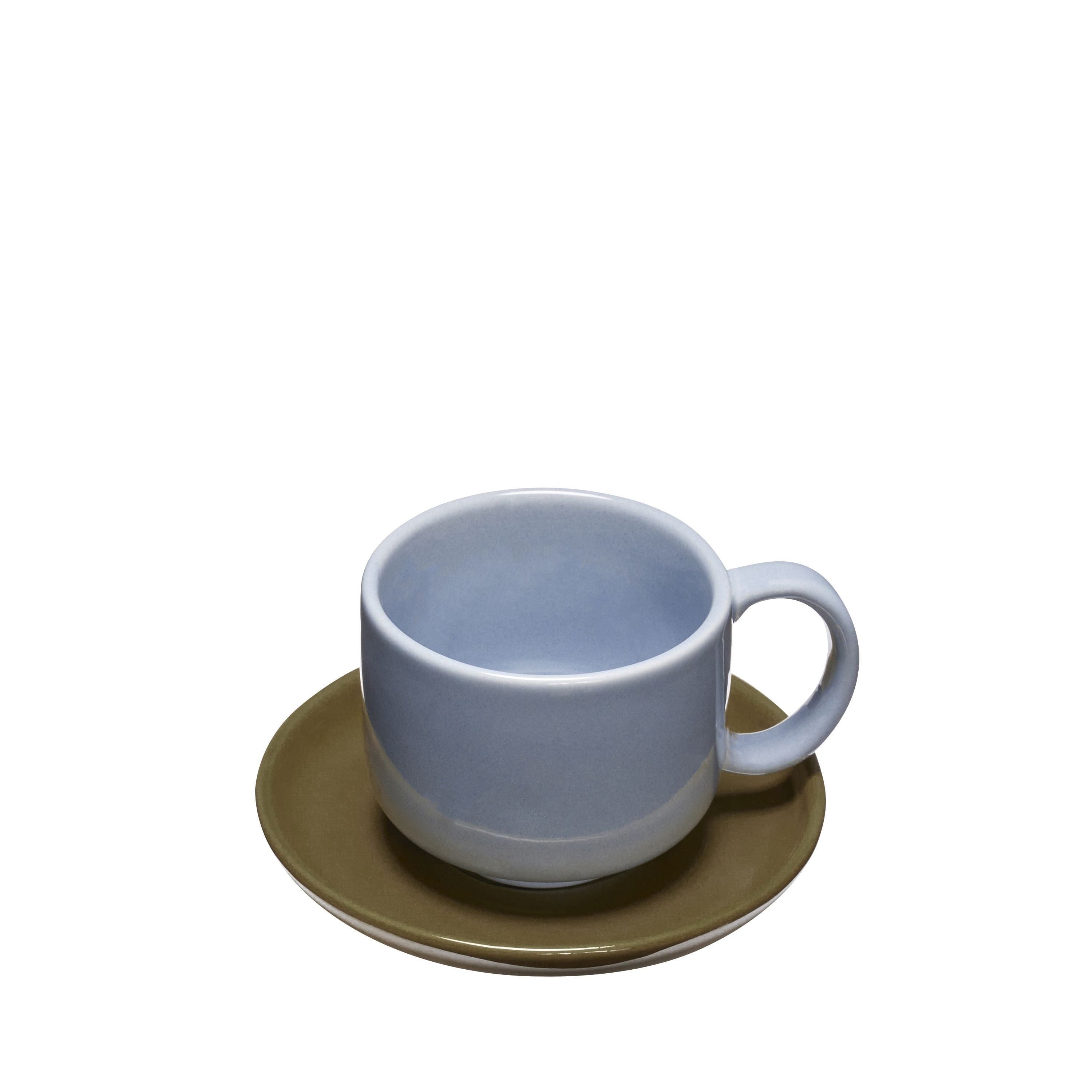 Hübsch Amare Mug & Saucer Set of 2, Light Blue/Olive Green