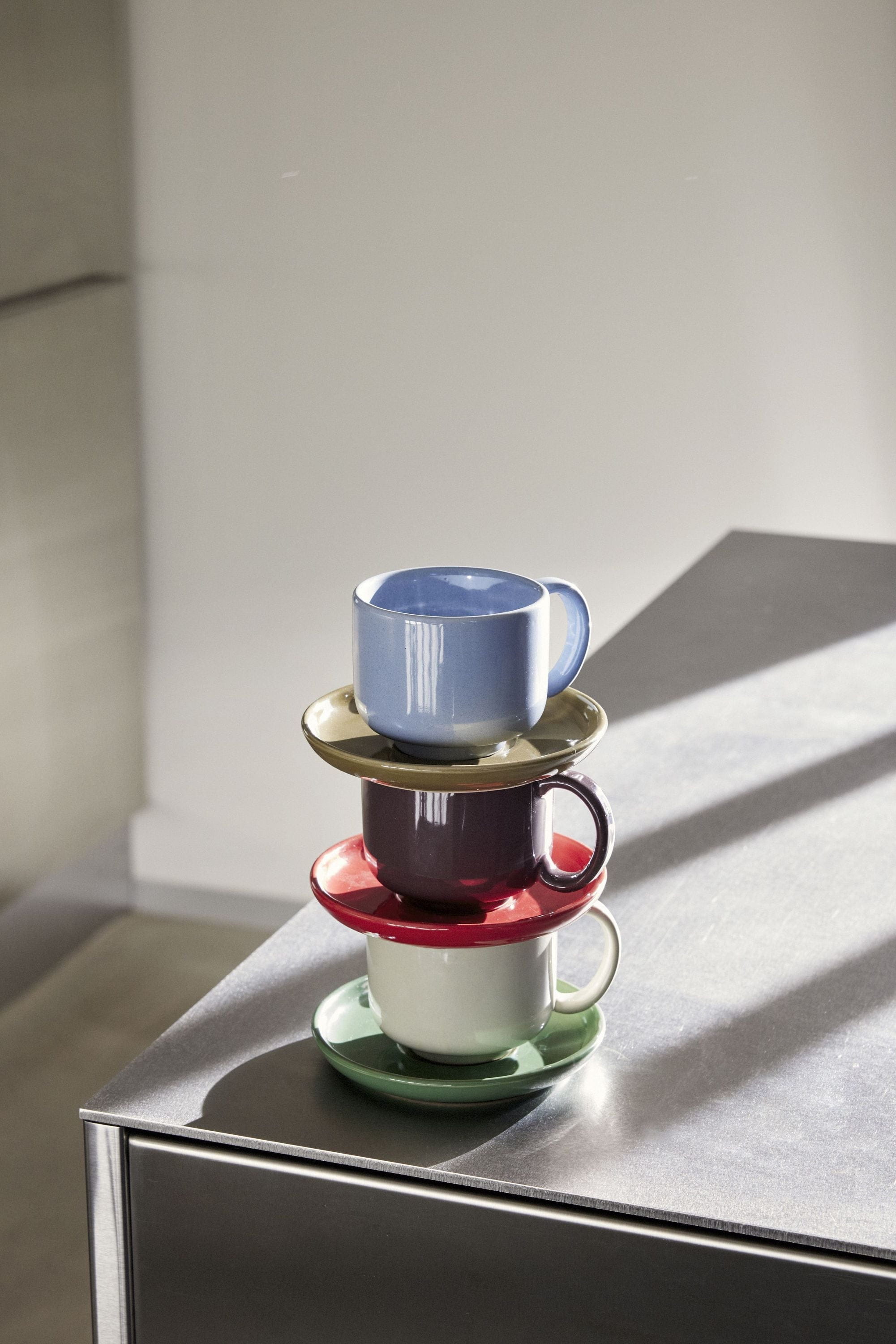 Hübsch Amare Mug & Saucer Set de 2, bleu clair / vert olive