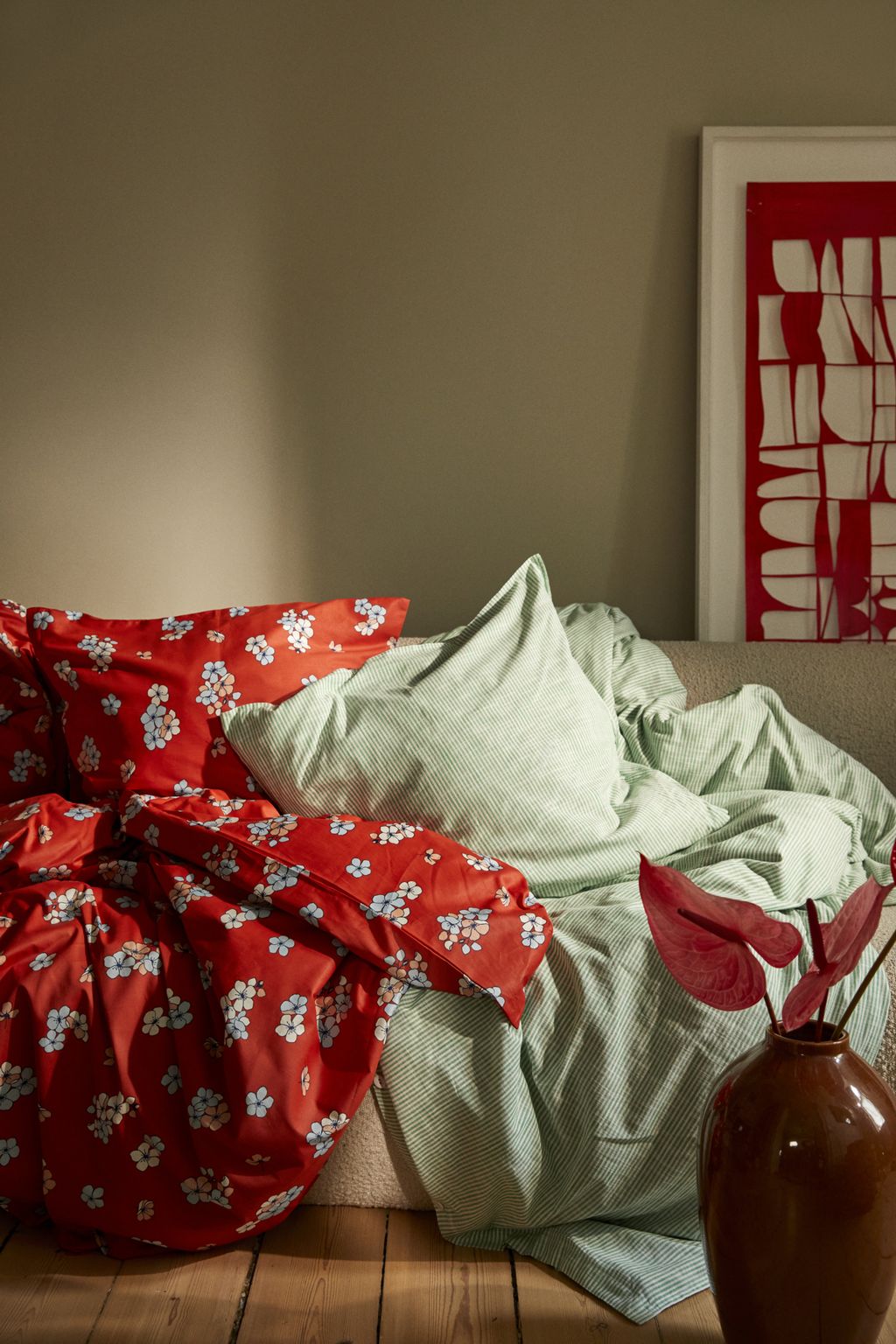 Juna Monokrom linjer sängkläder 200 x220 cm, grönt/vitt