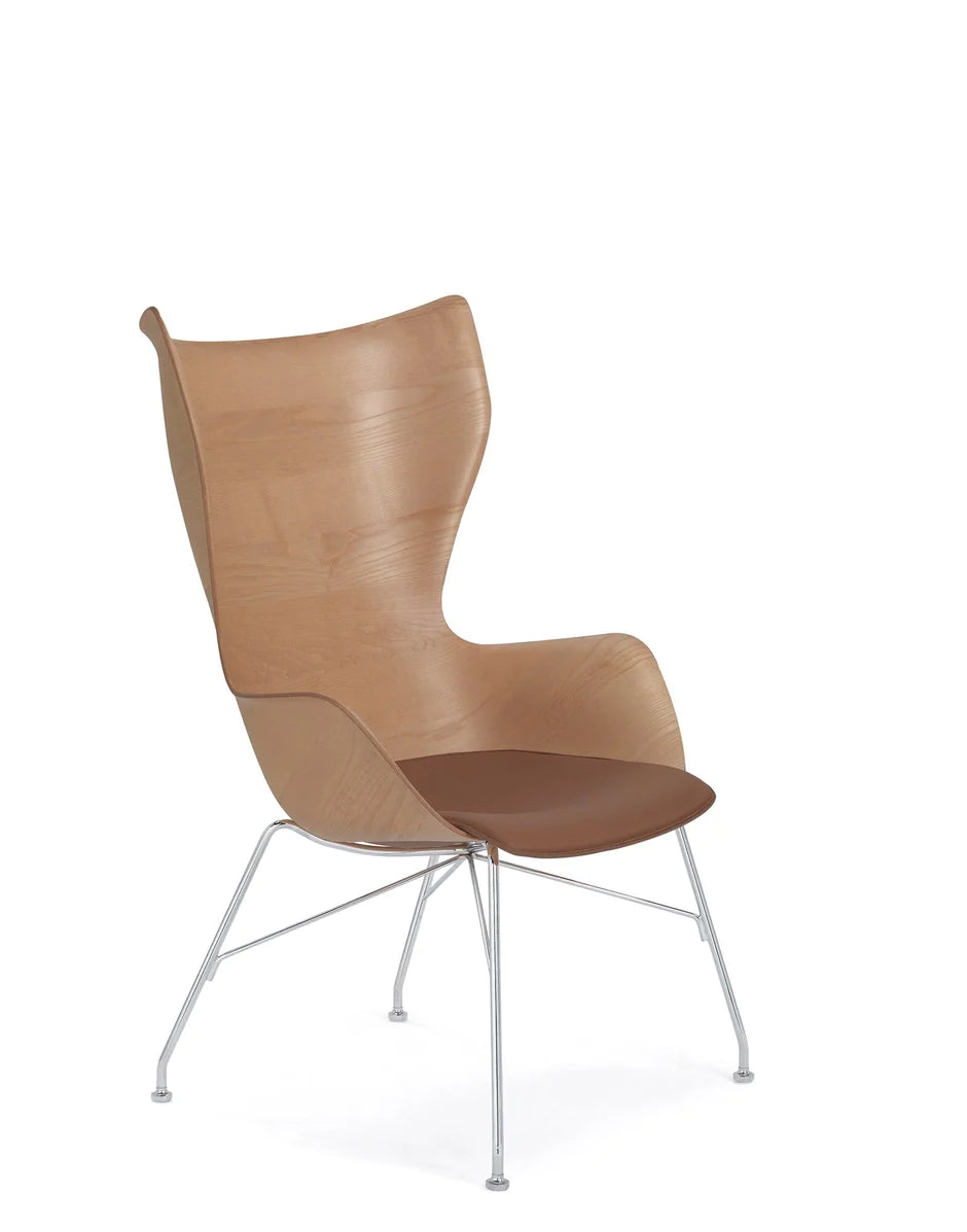 Kartell K/Wood fauteuil leer, licht hout/chroom