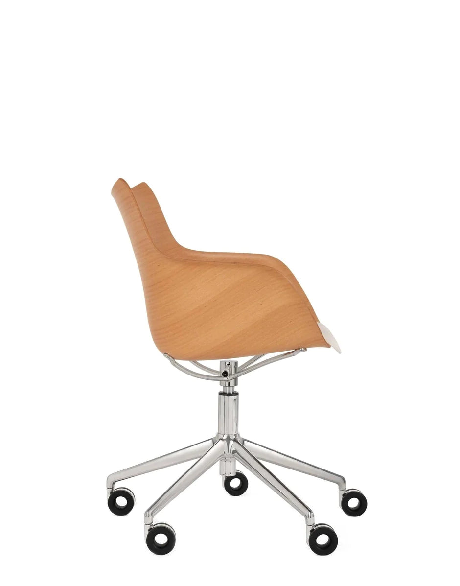 Kartell Q/Wood Armchair With Wheels, Light Wood/Chrome