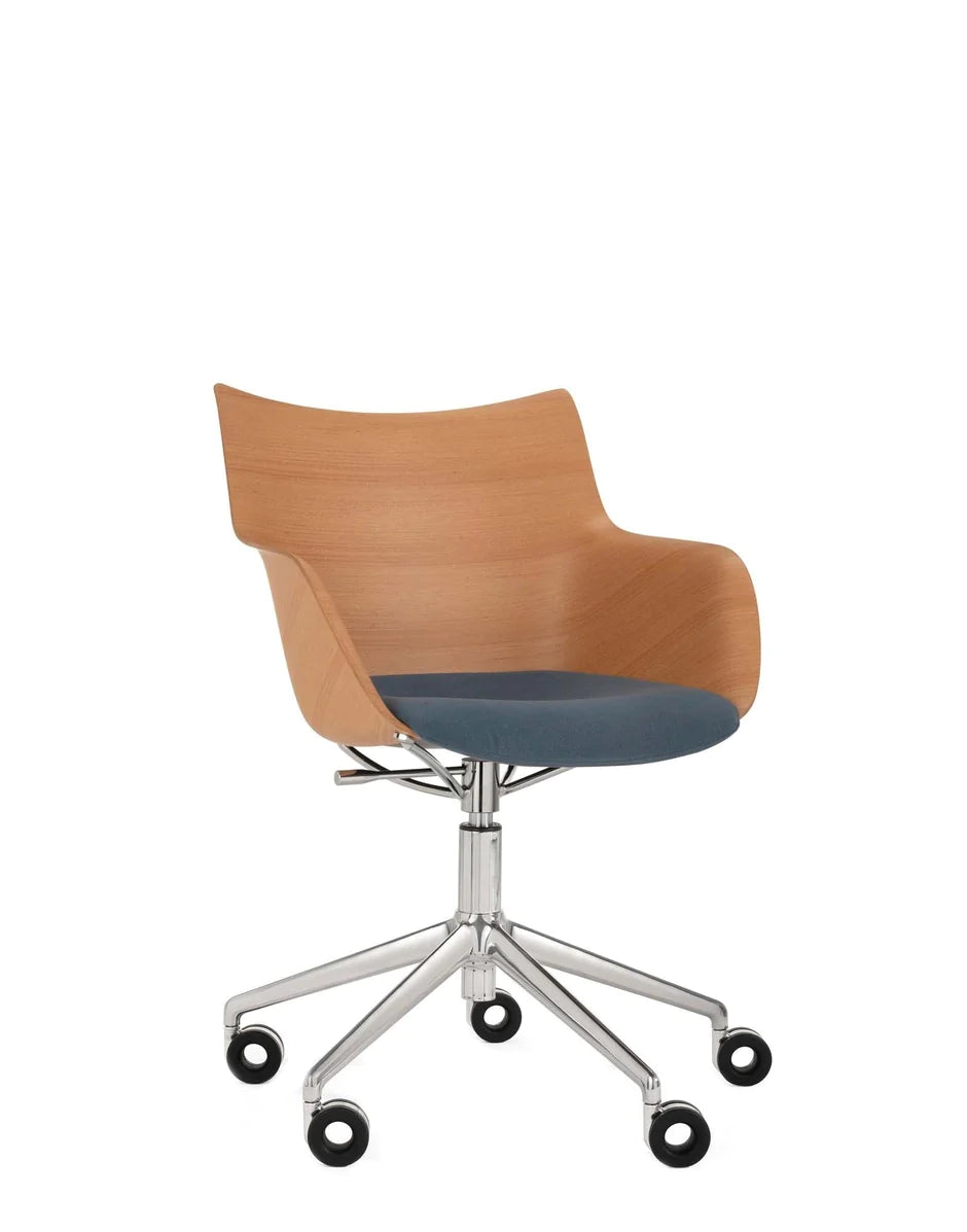Kartell Q / fauteuil en bois avec roues, bois clair / chrome / bleu clair