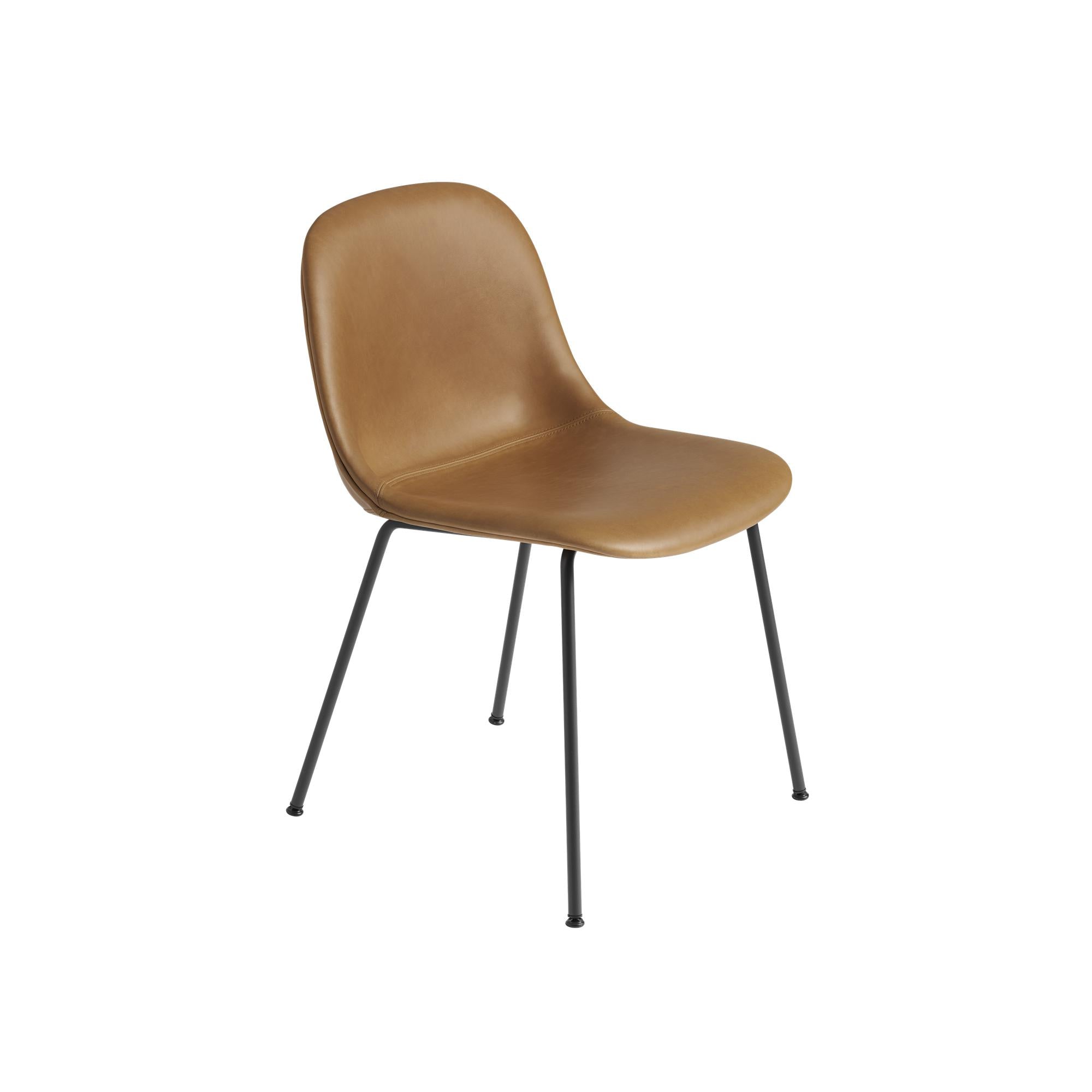 Base de tubo de silla lateral de fibra muuto, asiento de cuero, cuero de coñac marrón