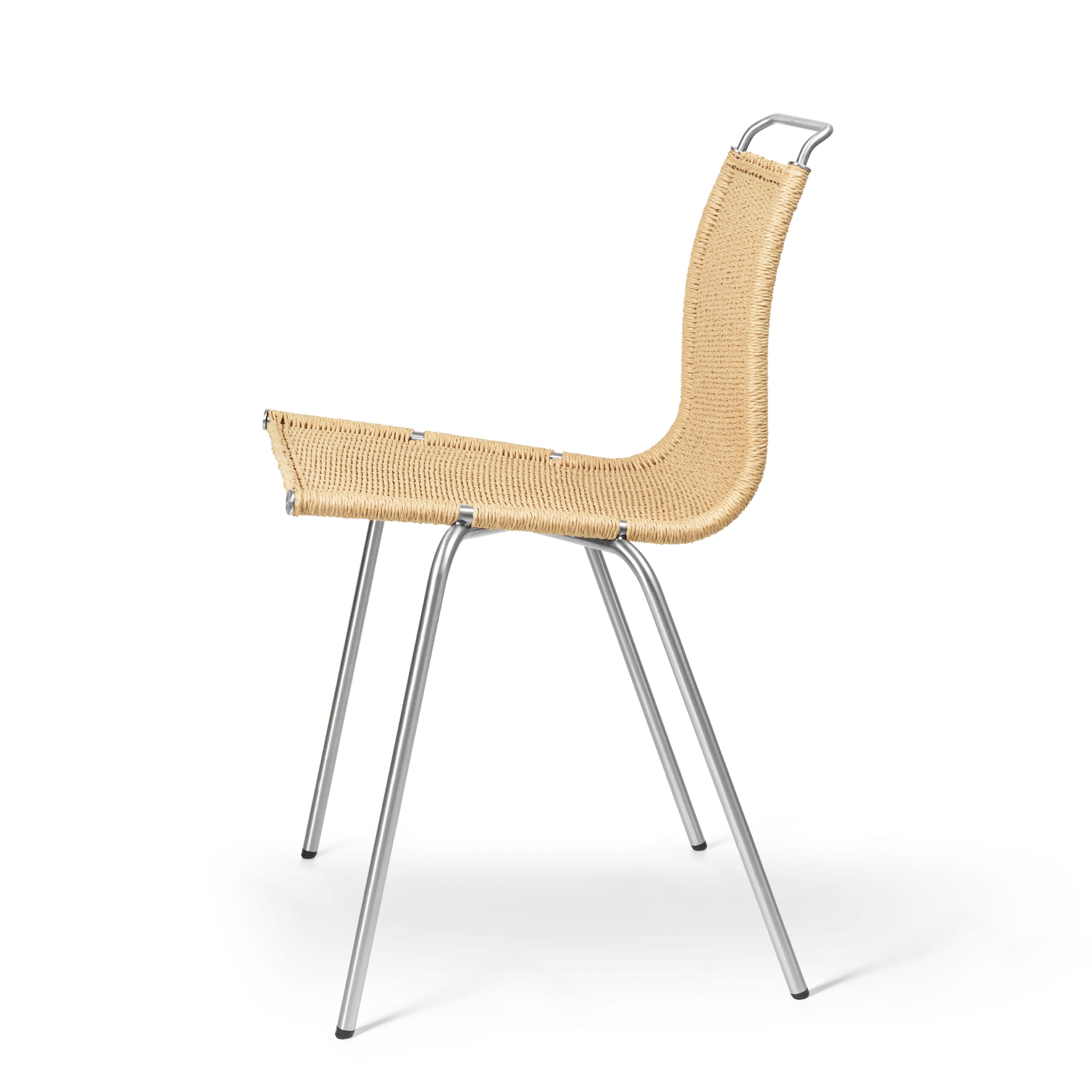 Silla Carl Hansen PK1, acero cepillado inoxidable/cordón de papel natural