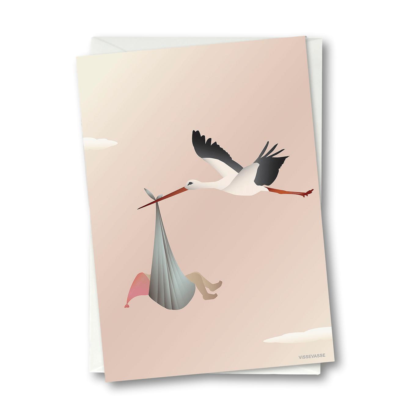 Vissevasse Stork groetkaart 10,5 x15 cm, roze