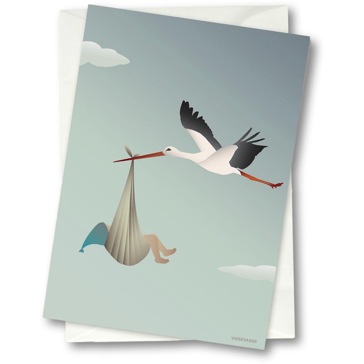 Vissevasse Stork kveðjukort 15 x21 cm, blár