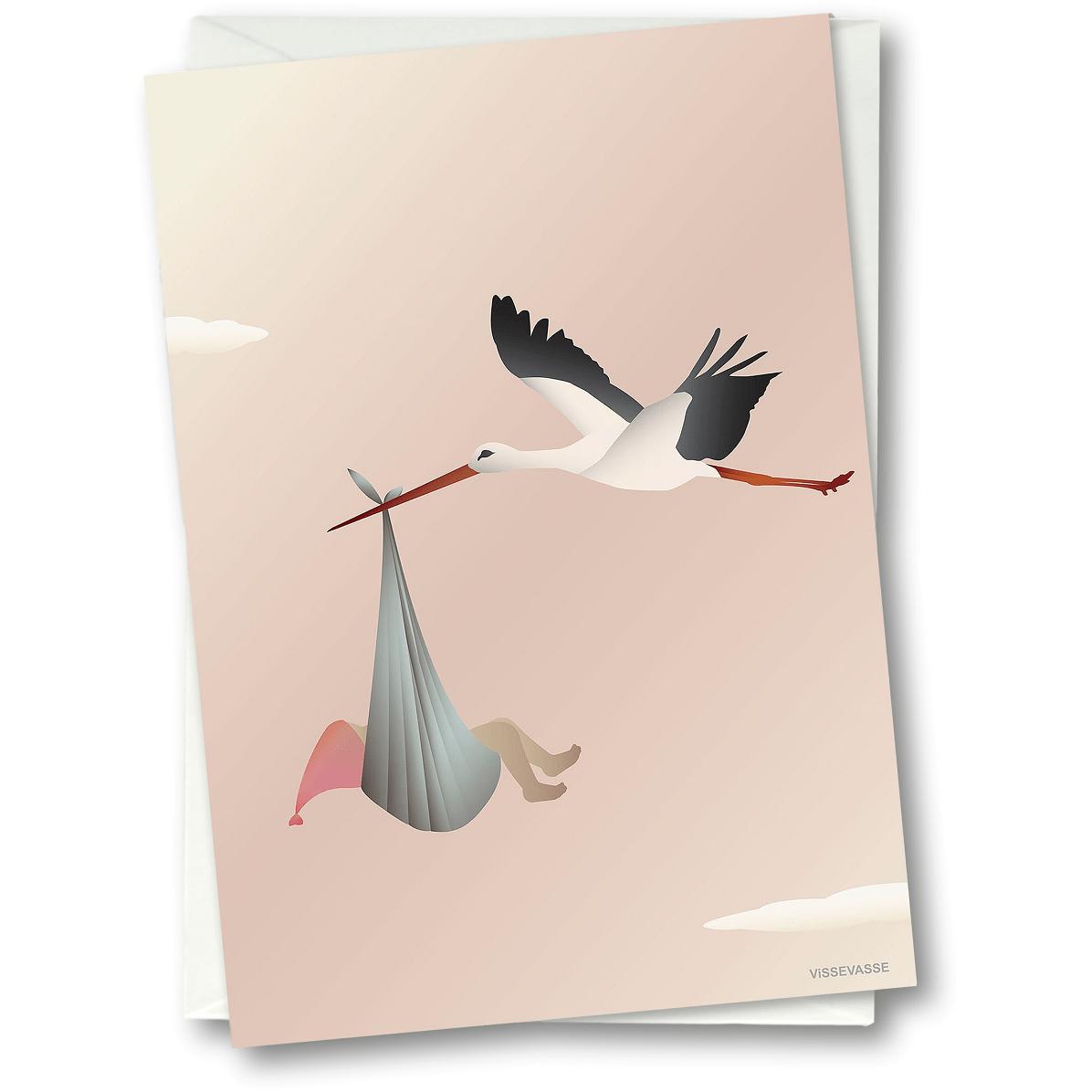Vissevasse Stork gratulasjonskort 15 x21 cm, rosa