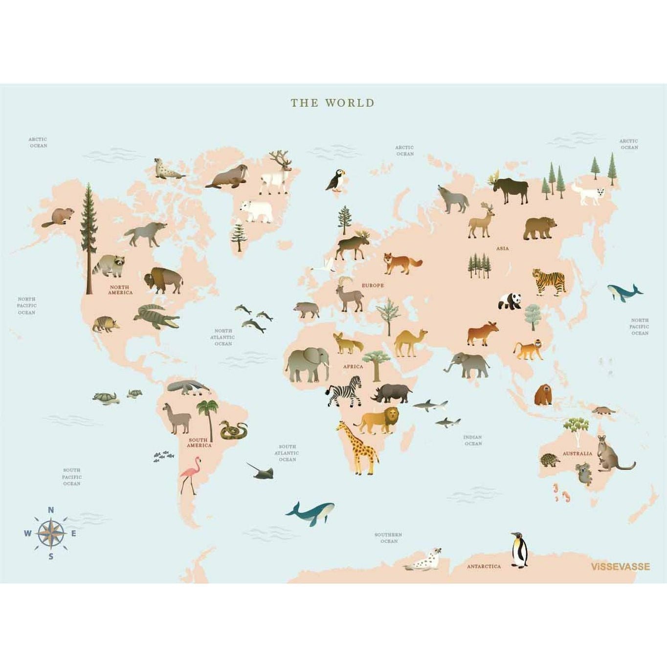 Vissevasse Affiche animale de carte du monde, 15 x21 cm
