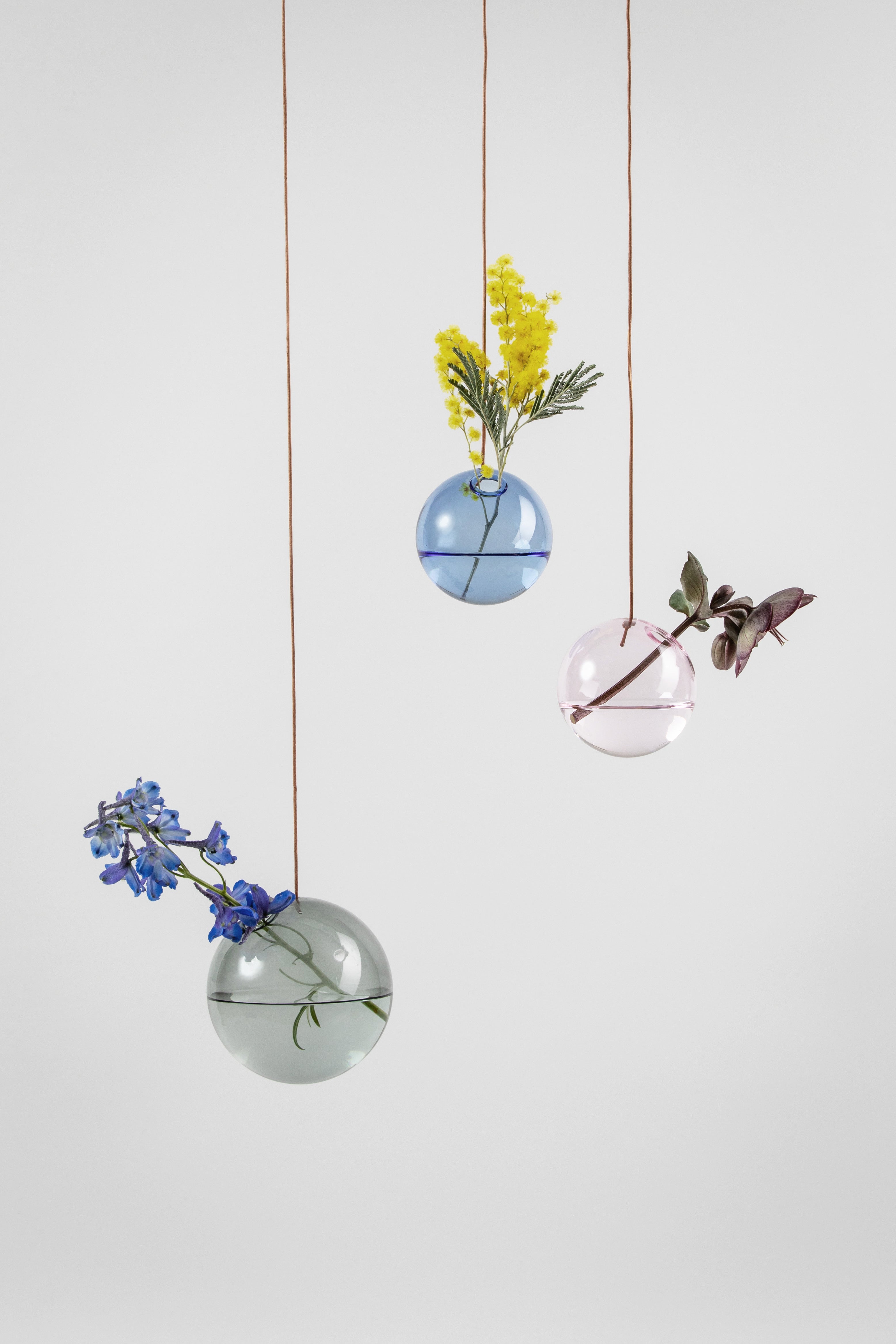 Studio over hangende bloemen bellen vaas klein, blauw